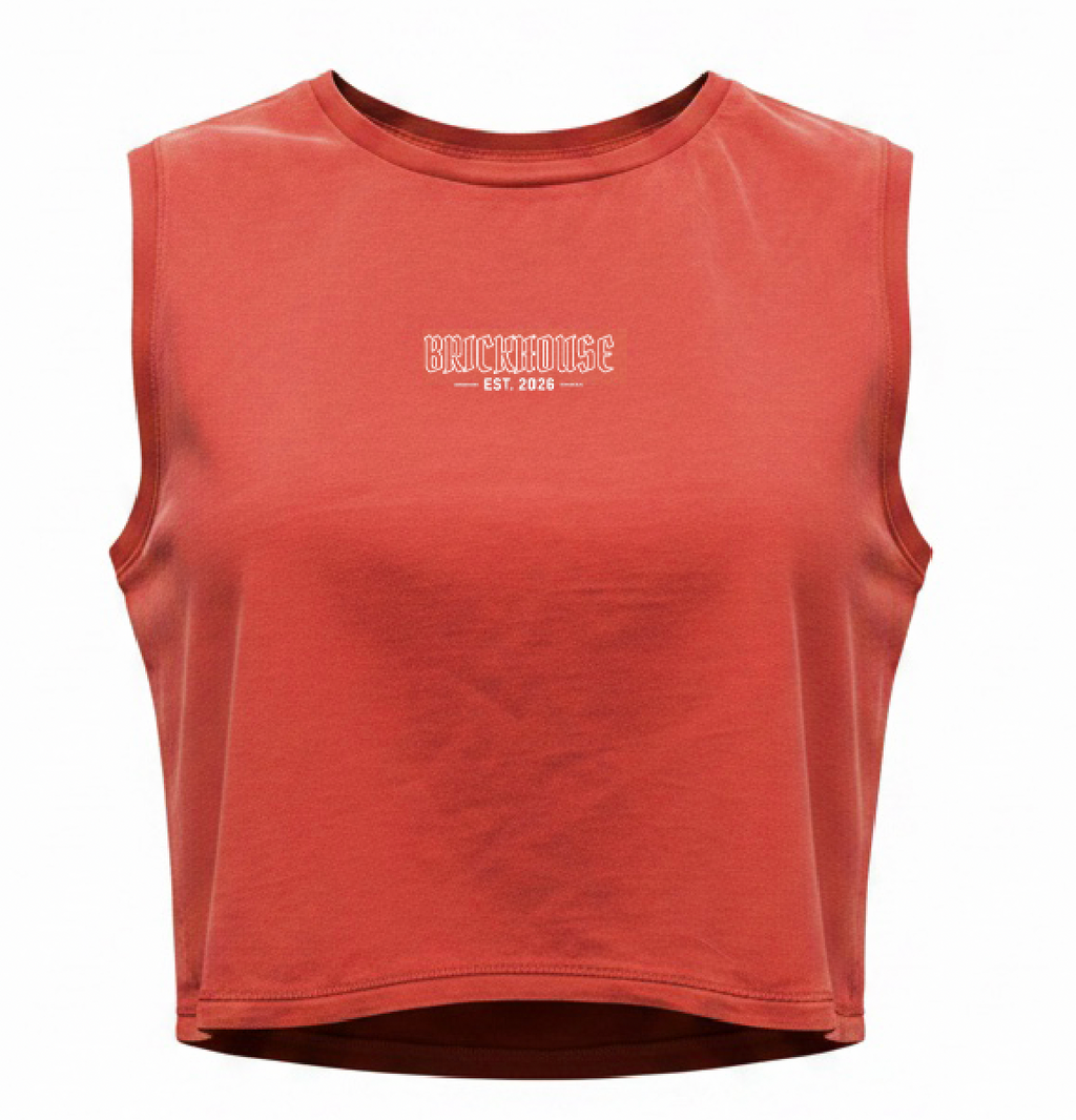 Red sleeveless shirt with 'Brickhouse' logo on a white background