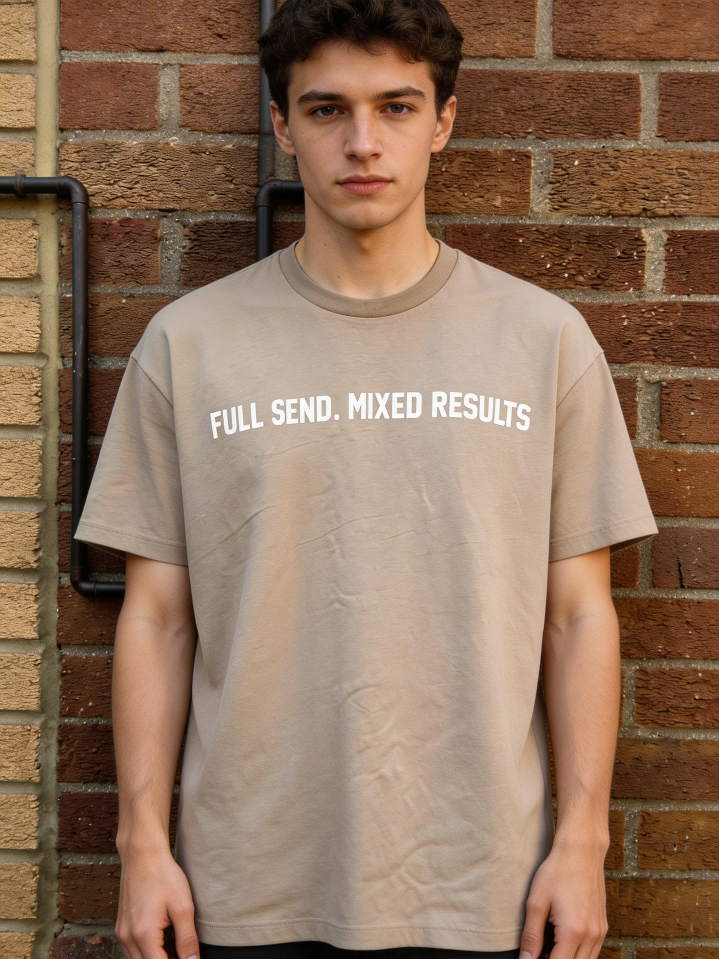 Person wearing a beige t-shirt with text saying "full send mixed results" standing against a brick wall.