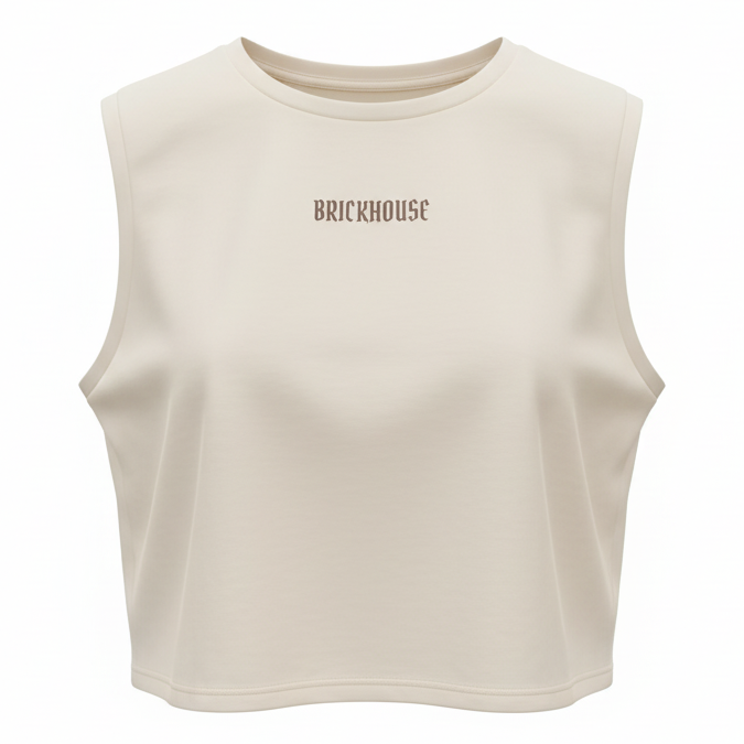 Beige sleeveless top with 'BRICKHOUSE' logo on a white background