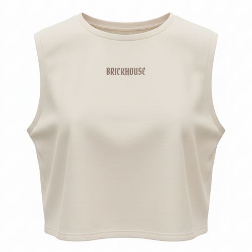 Beige sleeveless top with 'BRICKHOUSE' logo on a white background