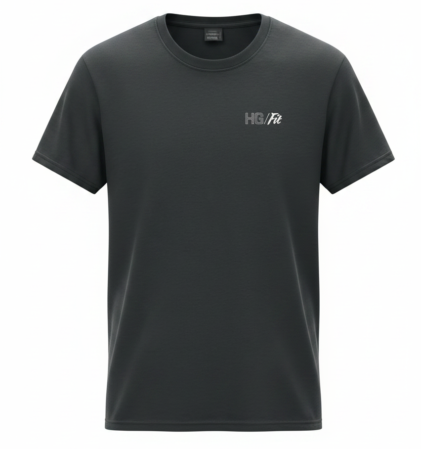 Grey t-shirt with HG/Fit gym logo on a white background