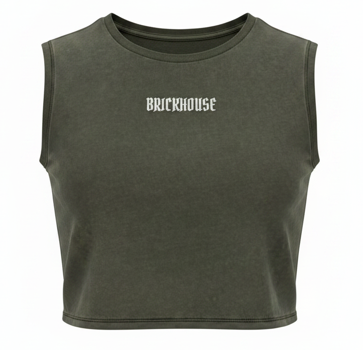 Green ladies crop top with 'BRICKHOUSE' logo on a white background