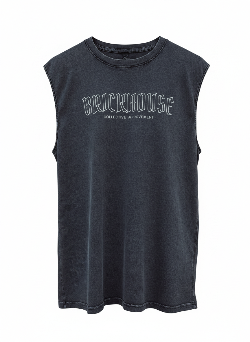 Black sleeveless shirt with 'BRICKHOUSE' text on a white background