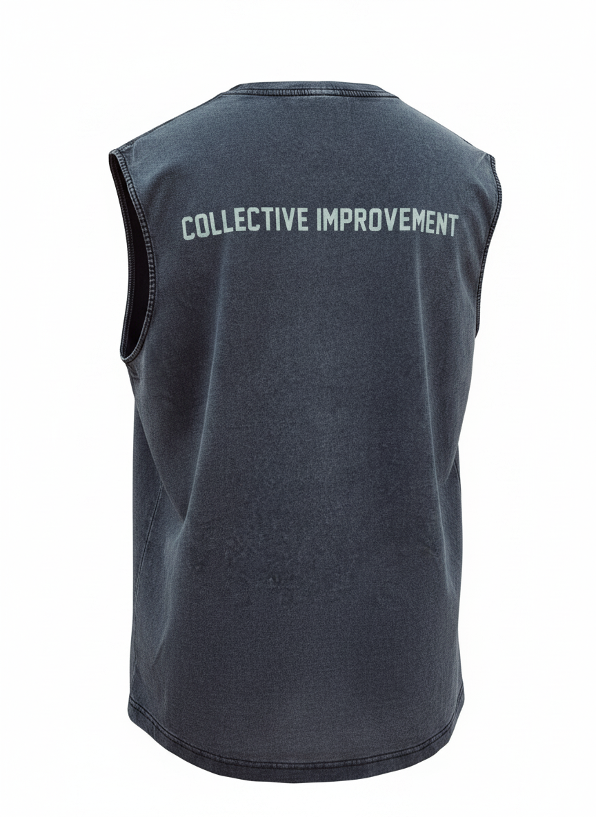 Dark grey sleeveless shirt with 'Collective Improvement' text on the back against a white background