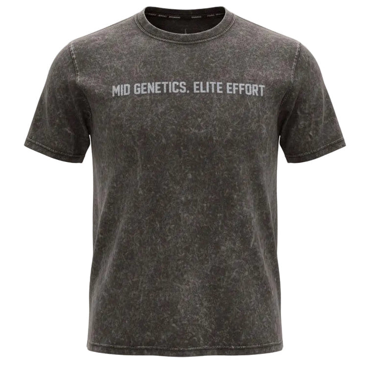Black t-shirt with 'Mid Genetics, Elite Effort' text on a white background