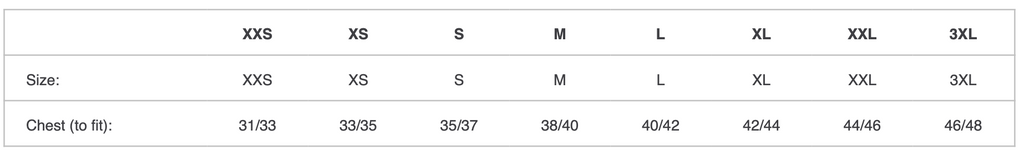 Size chart with measurements for clothing sizes XXS to 3XL.