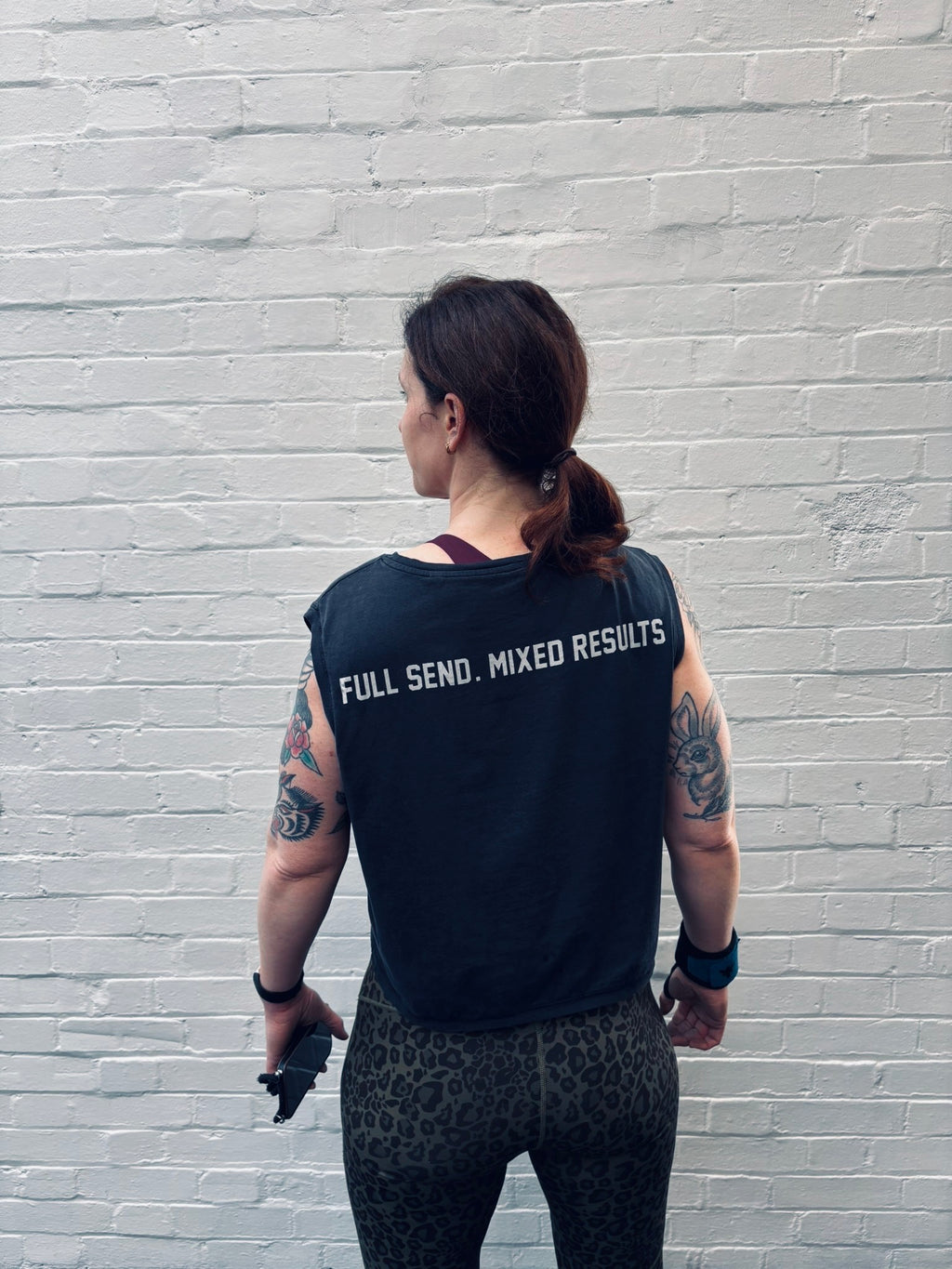 Full Send Mixed Results organic cotton vest activewear top on woman