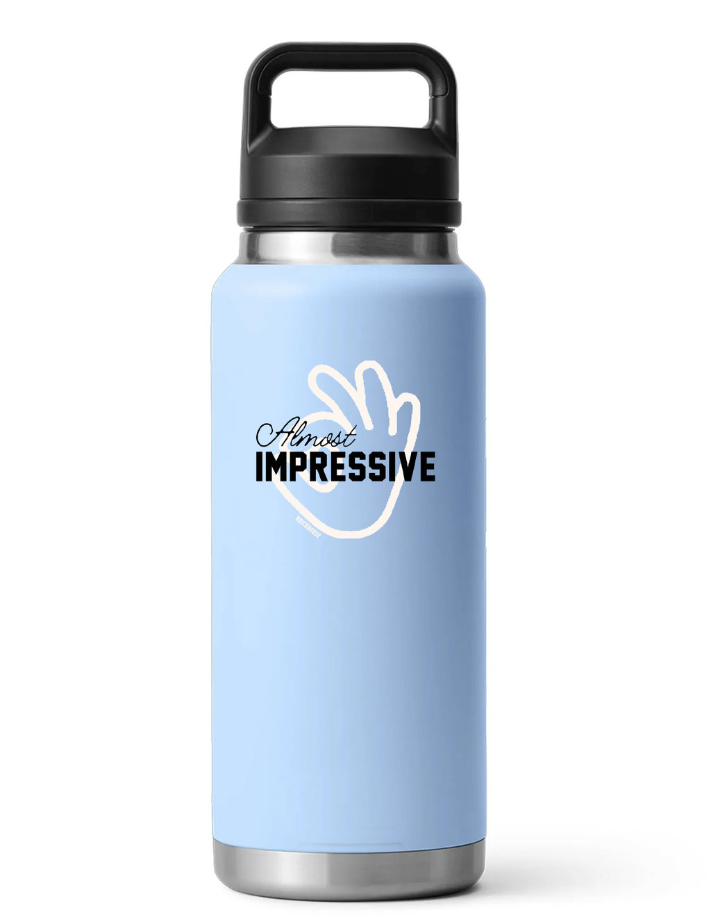 Light blue water bottle with black lid and 'Almost Impressive' text on a white background