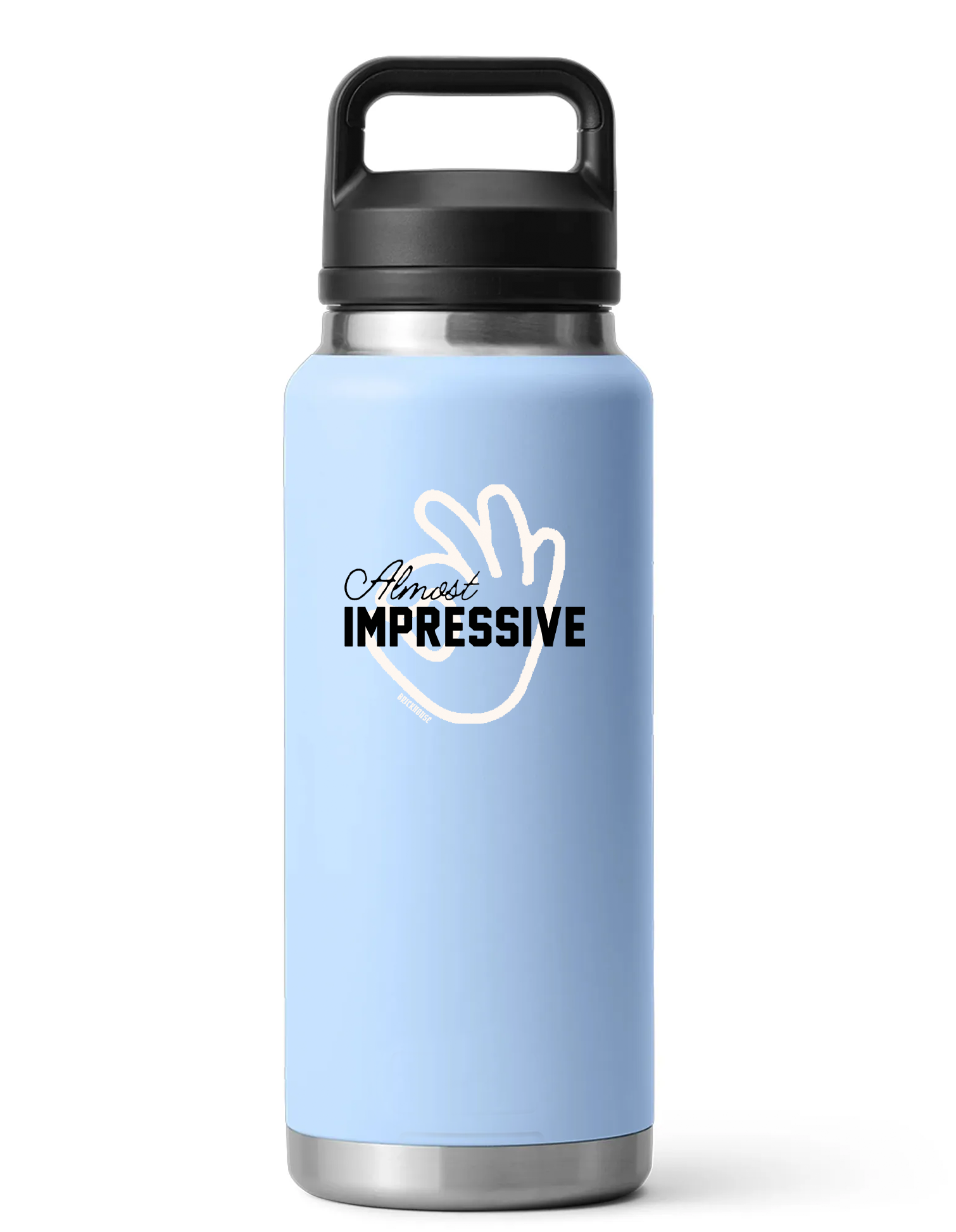 Light blue water bottle with black lid and 'Almost Impressive' text on a white background