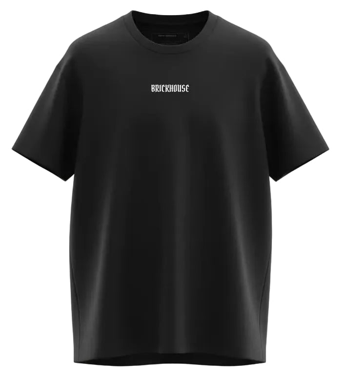 Black t-shirt with a logo on a white background