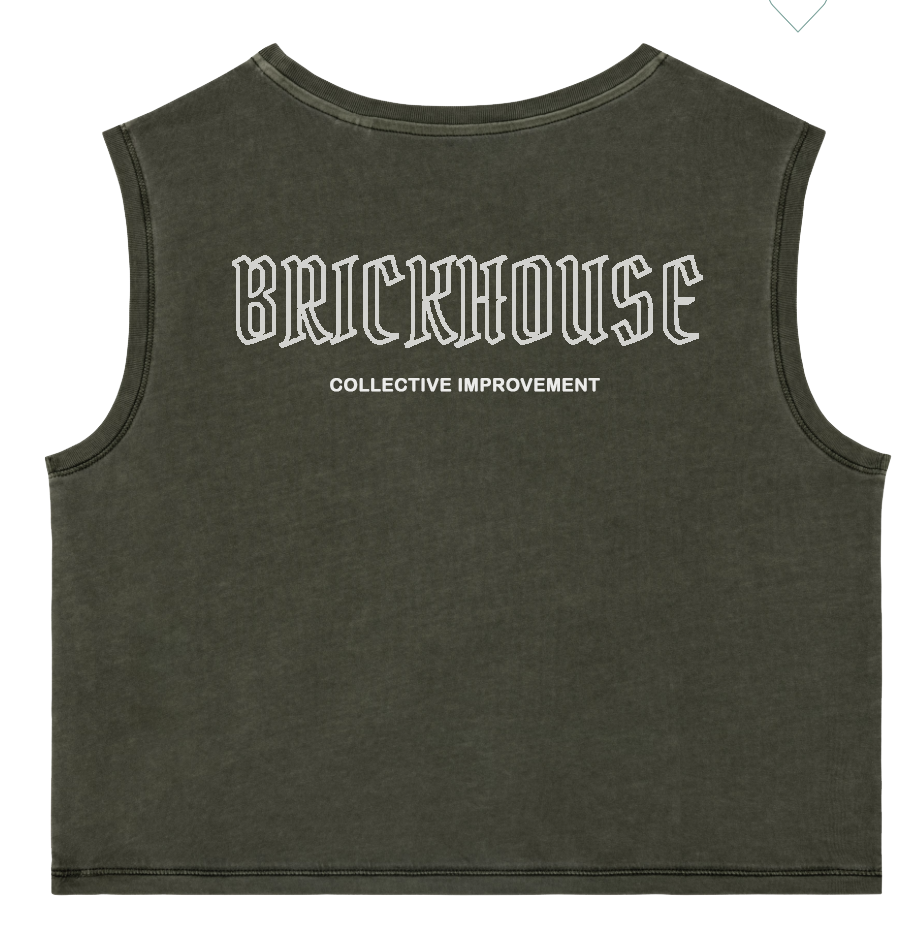 Khaki green sleeveless shirt with 'BRICKHOUSE - COLLECTIVE IMPROVEMENT' text on a clear background