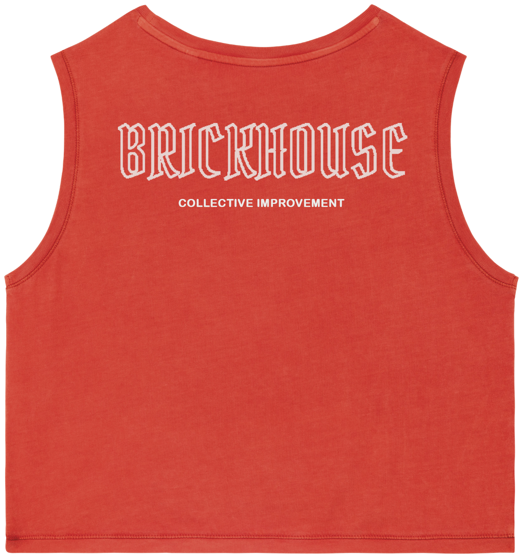 Red sleeveless shirt with 'BRICKHOUSE COLLECTIVE IMPROVEMENT' text on a white background