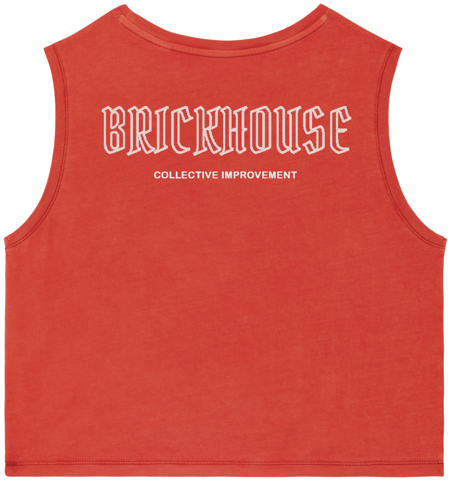 Red sleeveless shirt with 'BRICKHOUSE COLLECTIVE IMPROVEMENT' text on a white background